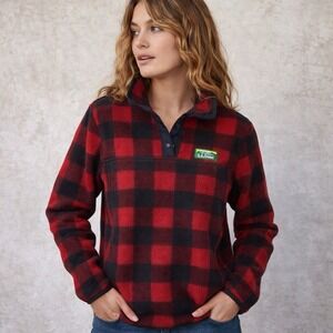 L.L.Bean‎ Sweater Womens Small Tall Red Black Buffalo Plaid Fleece Pullover